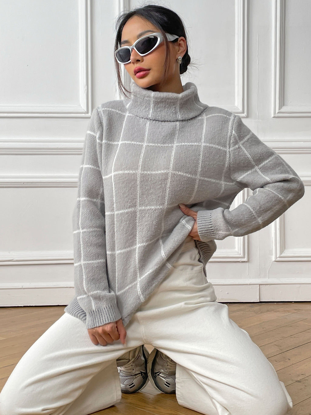 Contrast Color Mesh Woven Shirt Women's Pullover Top Cross-border European and American Women's Fashion Base Shirt Turtleneck Sweater