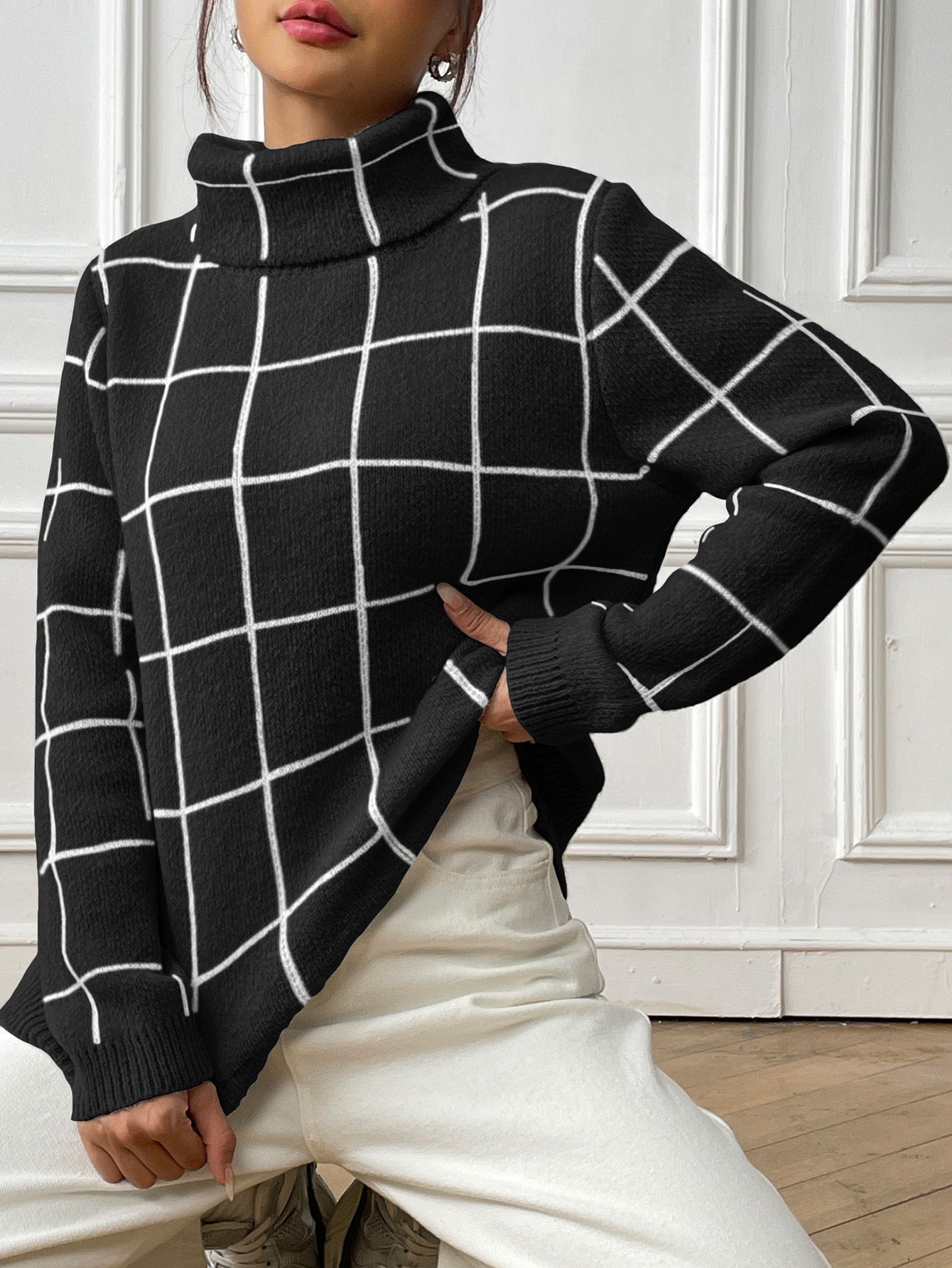 Contrast Color Mesh Woven Shirt Women's Pullover Top Cross-border European and American Women's Fashion Base Shirt Turtleneck Sweater