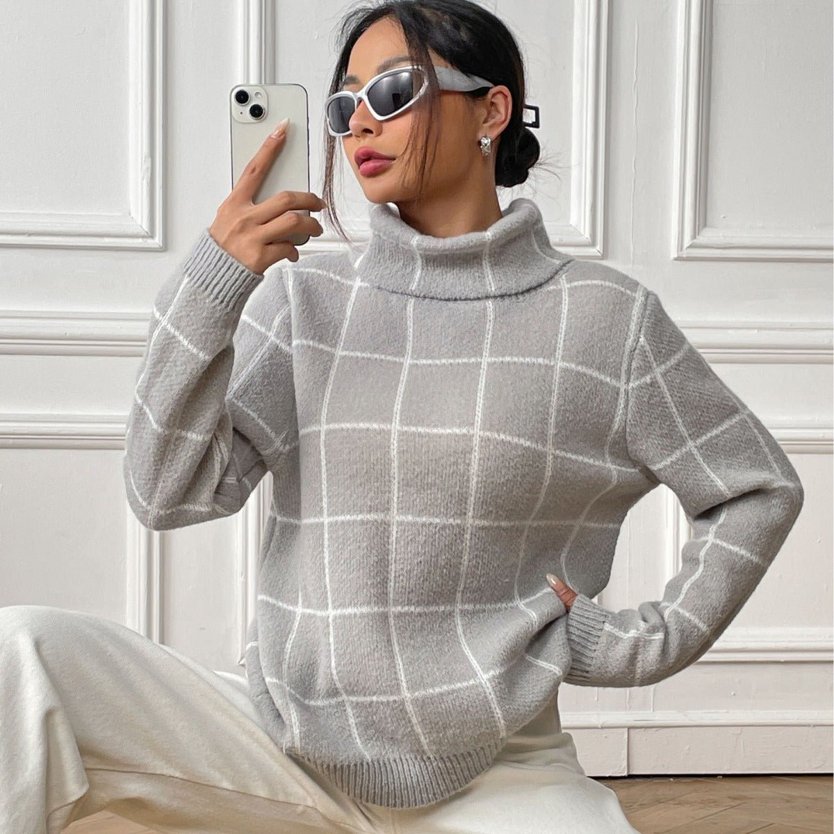 Contrast Color Mesh Woven Shirt Women's Pullover Top Cross-border European and American Women's Fashion Base Shirt Turtleneck Sweater