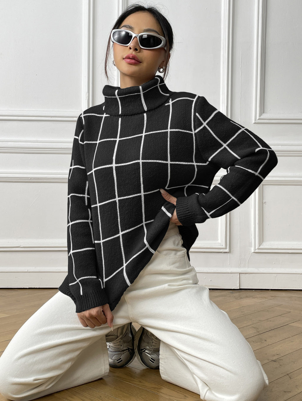 Contrast Color Mesh Woven Shirt Women's Pullover Top Cross-border European and American Women's Fashion Base Shirt Turtleneck Sweater