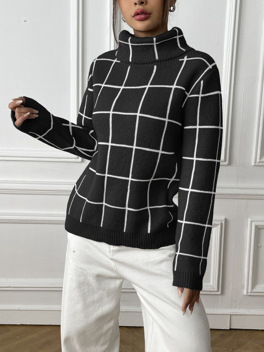 Contrast Color Mesh Woven Shirt Women's Pullover Top Cross-border European and American Women's Fashion Base Shirt Turtleneck Sweater