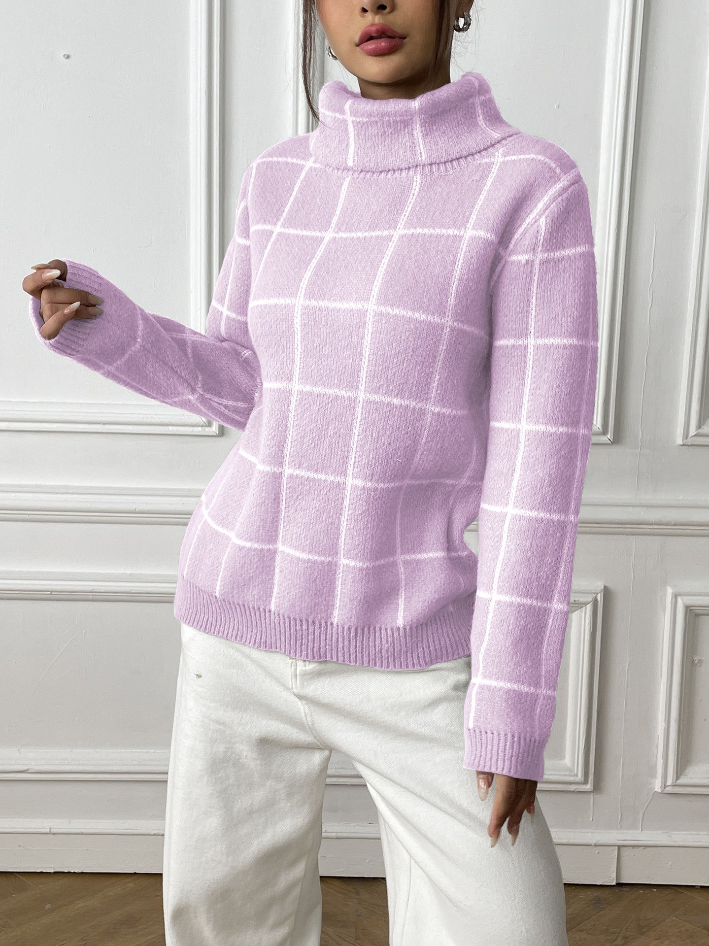 Contrast Color Mesh Woven Shirt Women's Pullover Top Cross-border European and American Women's Fashion Base Shirt Turtleneck Sweater
