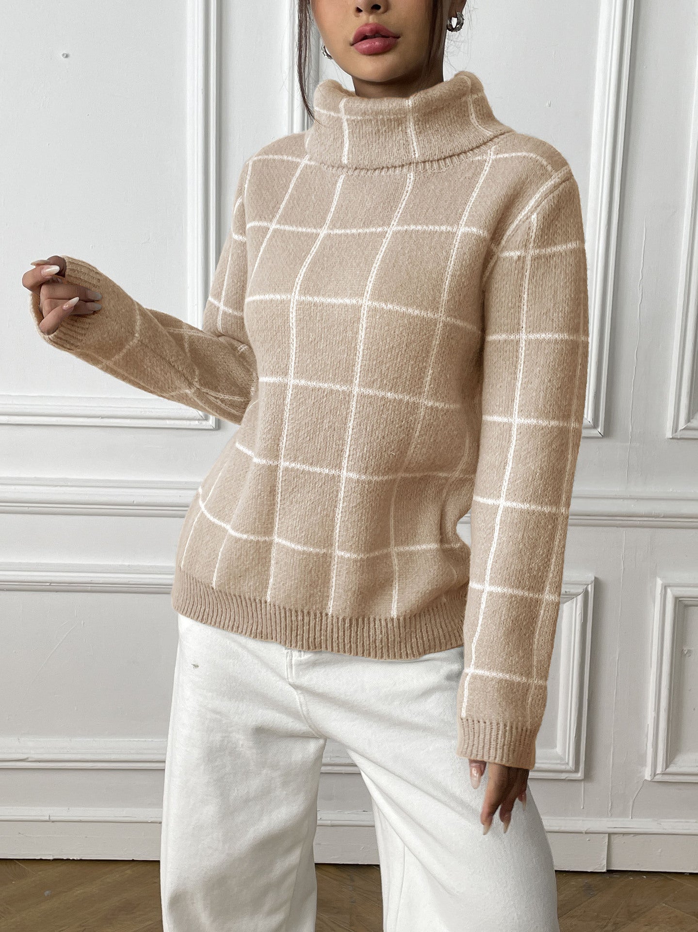 Contrast Color Mesh Woven Shirt Women's Pullover Top Cross-border European and American Women's Fashion Base Shirt Turtleneck Sweater