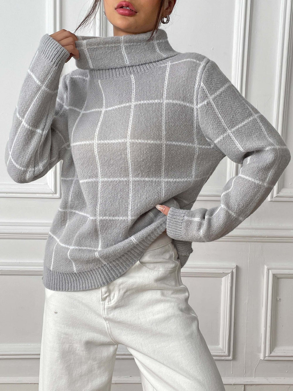 Contrast Color Mesh Woven Shirt Women's Pullover Top Cross-border European and American Women's Fashion Base Shirt Turtleneck Sweater