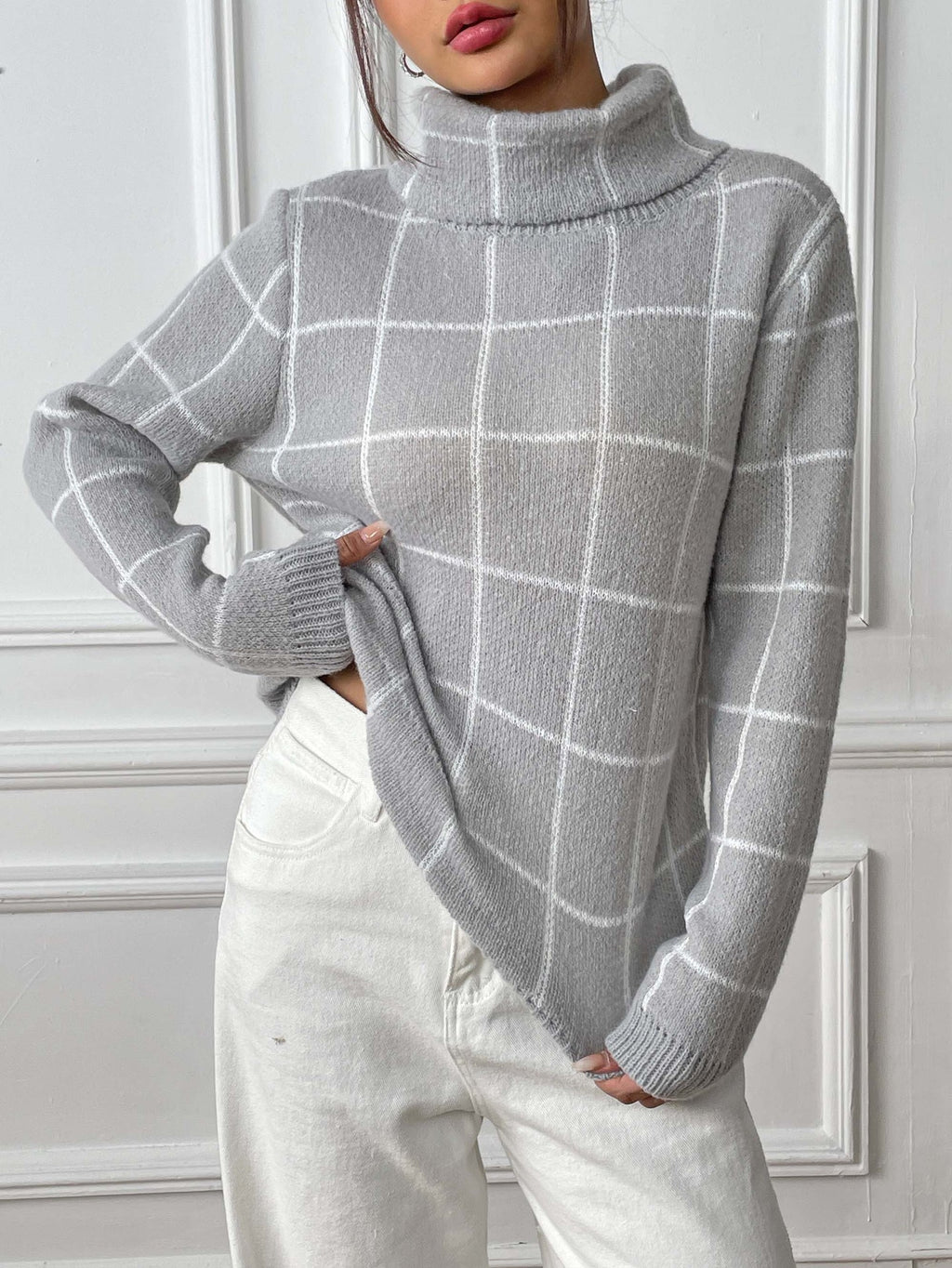Contrast Color Mesh Woven Shirt Women's Pullover Top Cross-border European and American Women's Fashion Base Shirt Turtleneck Sweater