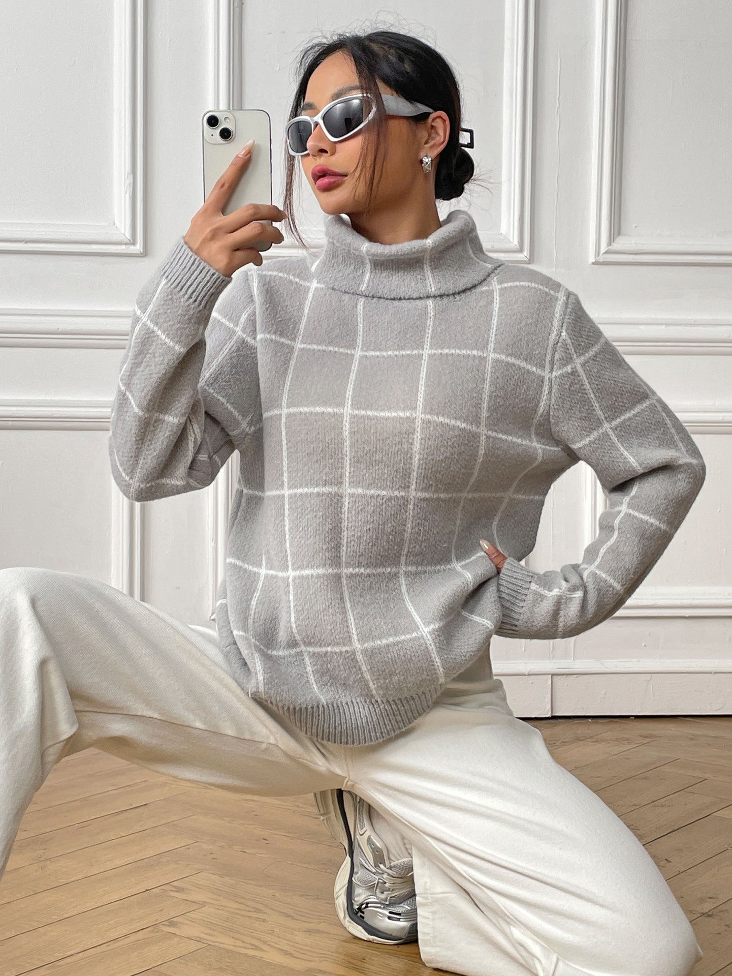 Contrast Color Mesh Woven Shirt Women's Pullover Top Cross-border European and American Women's Fashion Base Shirt Turtleneck Sweater