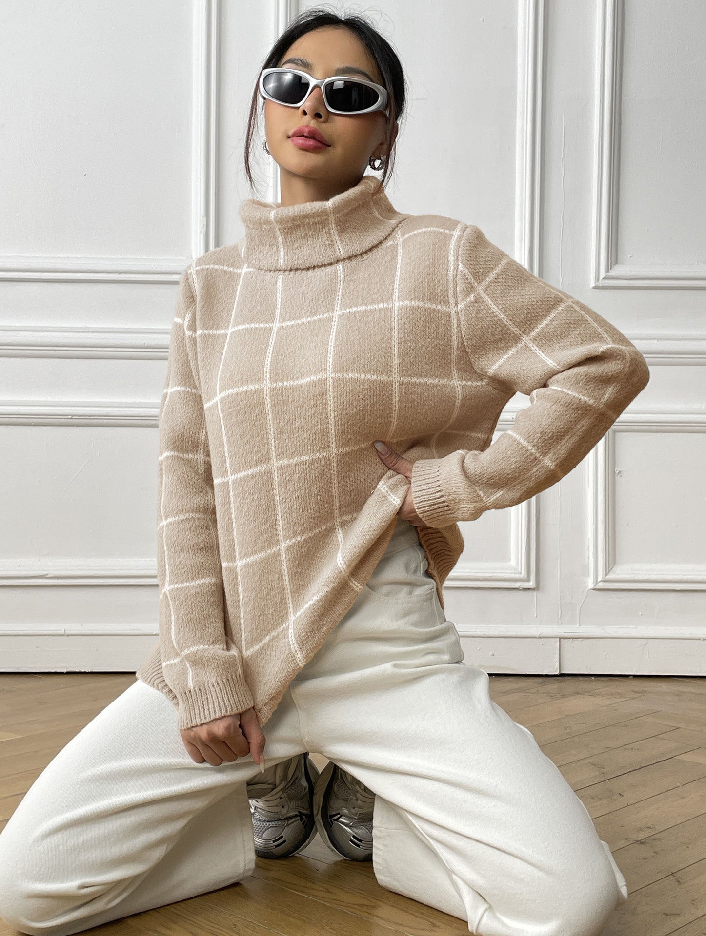 Contrast Color Mesh Woven Shirt Women's Pullover Top Cross-border European and American Women's Fashion Base Shirt Turtleneck Sweater