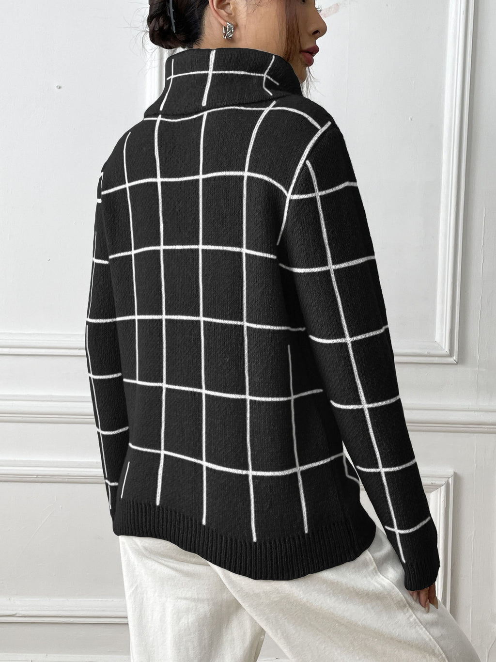 Contrast Color Mesh Woven Shirt Women's Pullover Top Cross-border European and American Women's Fashion Base Shirt Turtleneck Sweater