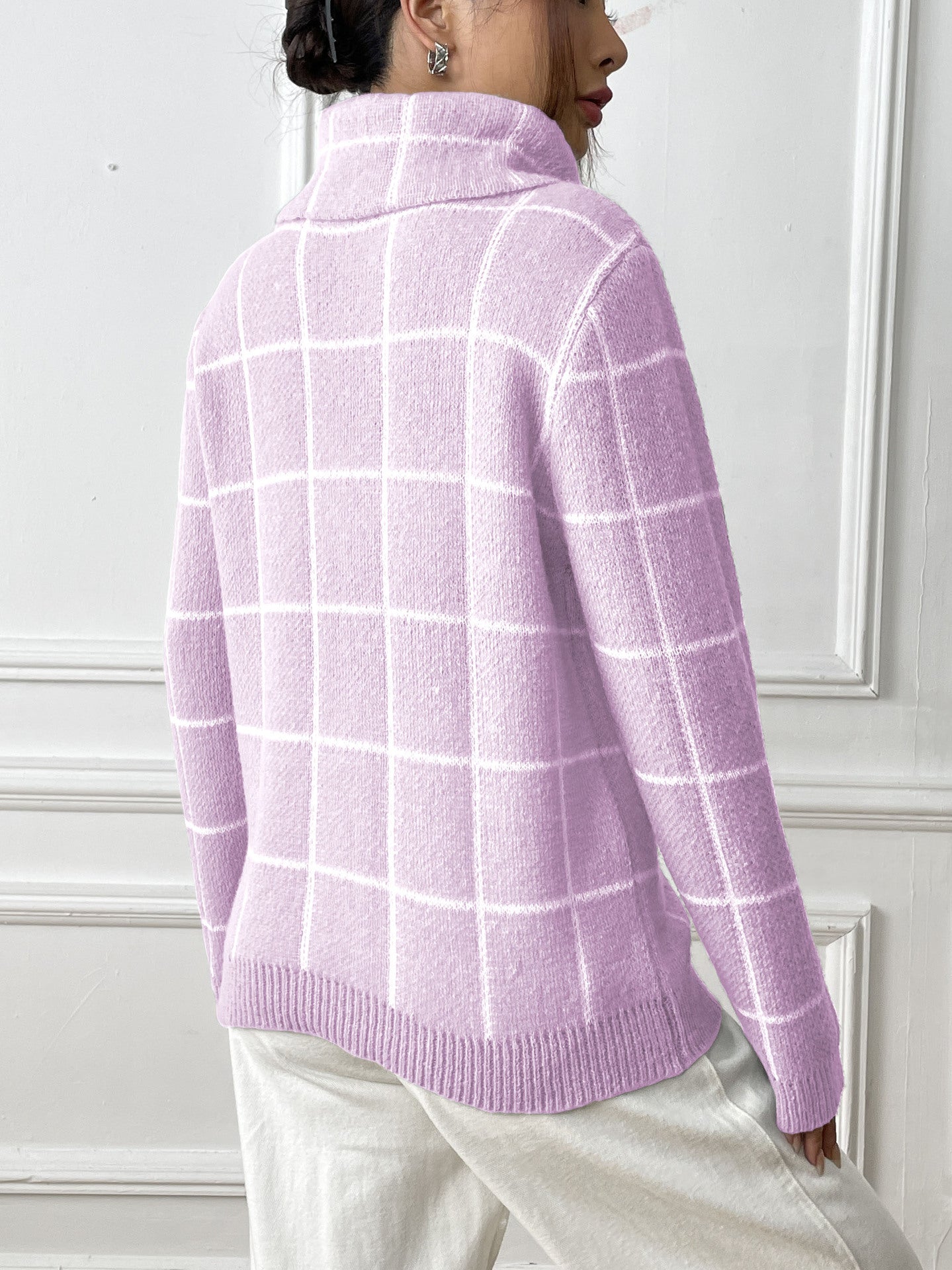 Contrast Color Mesh Woven Shirt Women's Pullover Top Cross-border European and American Women's Fashion Base Shirt Turtleneck Sweater