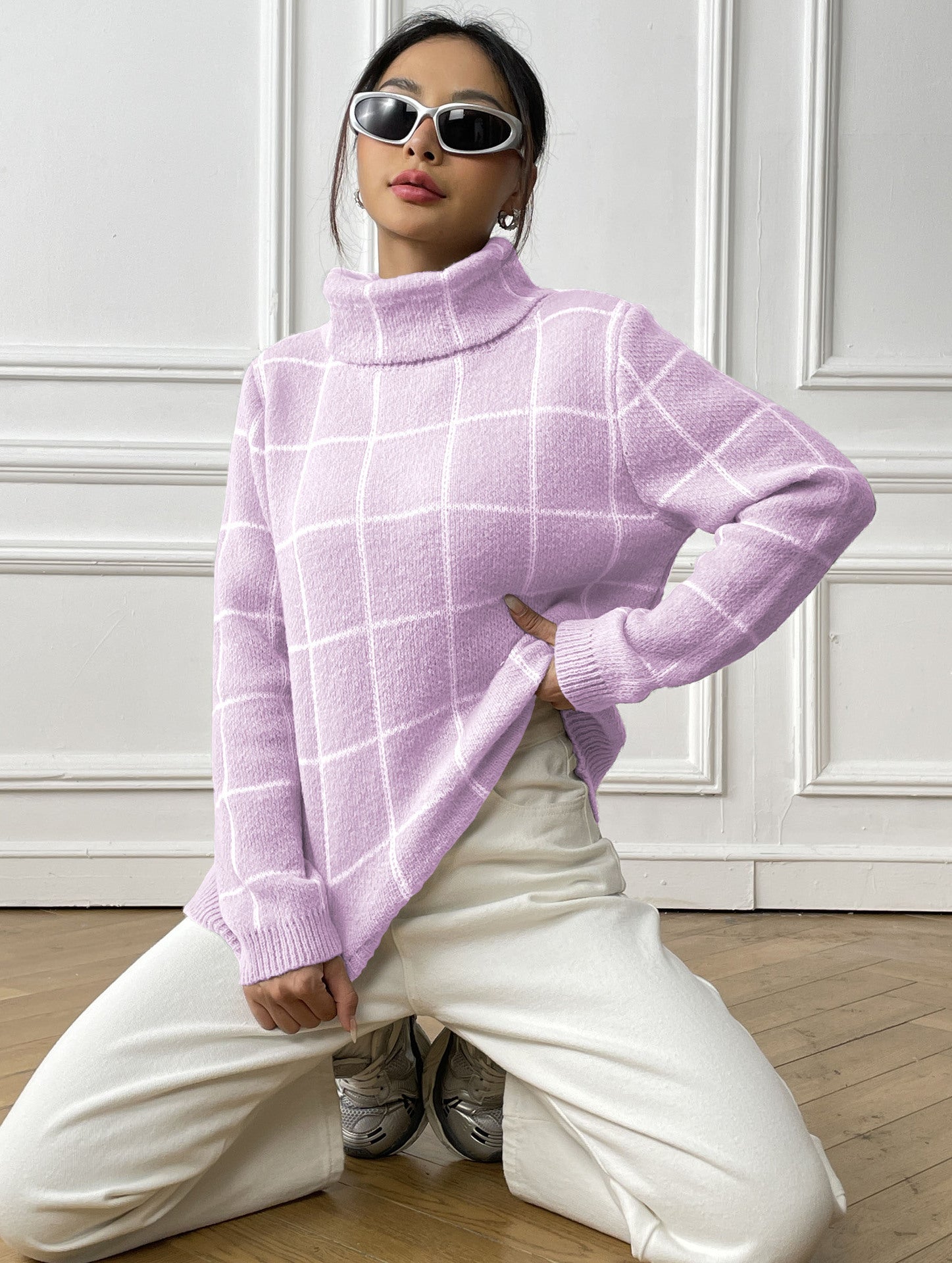 Contrast Color Mesh Woven Shirt Women's Pullover Top Cross-border European and American Women's Fashion Base Shirt Turtleneck Sweater