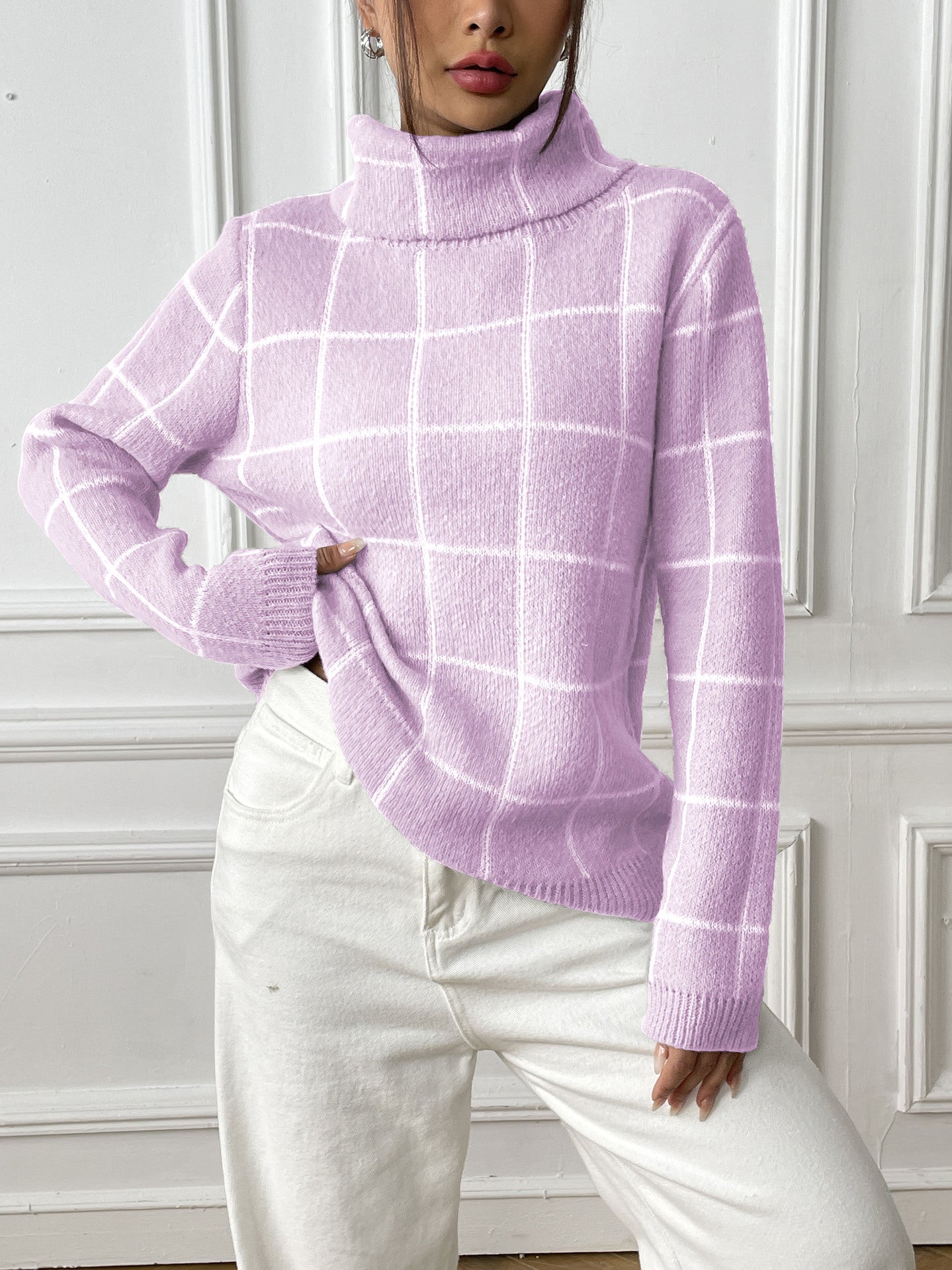 Contrast Color Mesh Woven Shirt Women's Pullover Top Cross-border European and American Women's Fashion Base Shirt Turtleneck Sweater