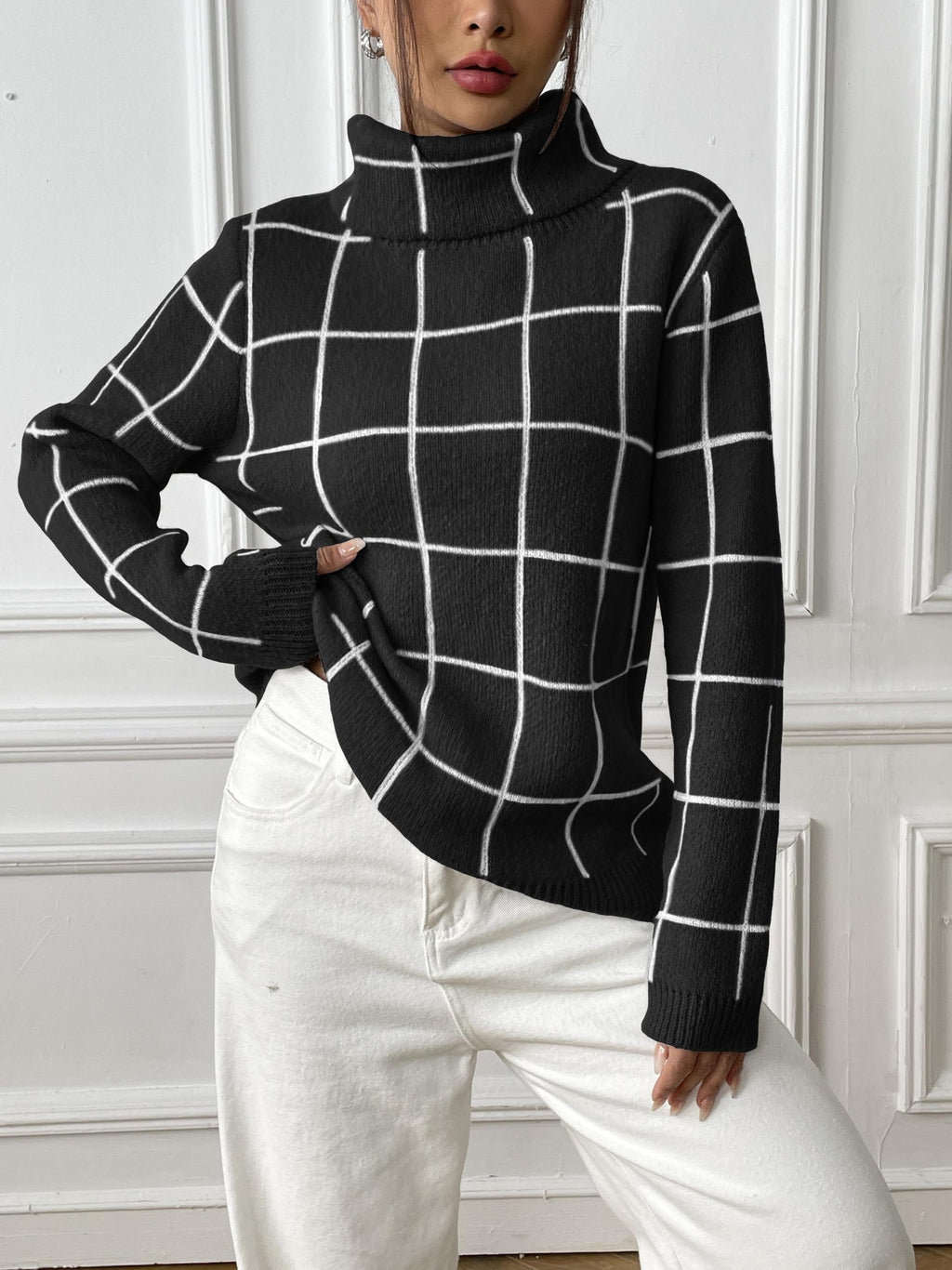 Contrast Color Mesh Woven Shirt Women's Pullover Top Cross-border European and American Women's Fashion Base Shirt Turtleneck Sweater