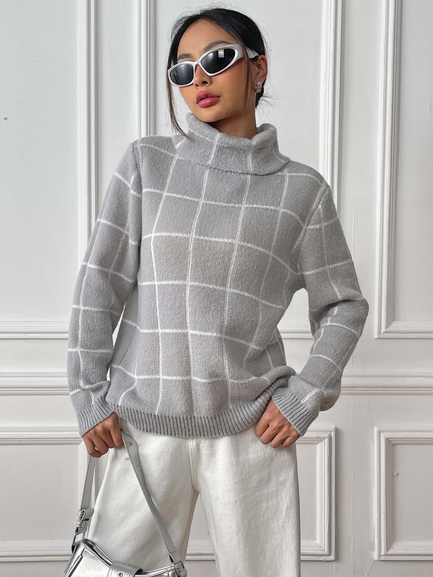 Contrast Color Mesh Woven Shirt Women's Pullover Top Cross-border European and American Women's Fashion Base Shirt Turtleneck Sweater