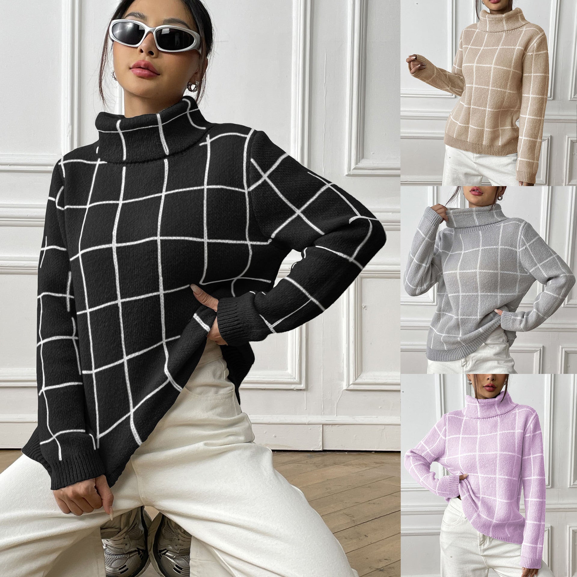 Contrast Color Mesh Woven Shirt Women's Pullover Top Cross-border European and American Women's Fashion Base Shirt Turtleneck Sweater