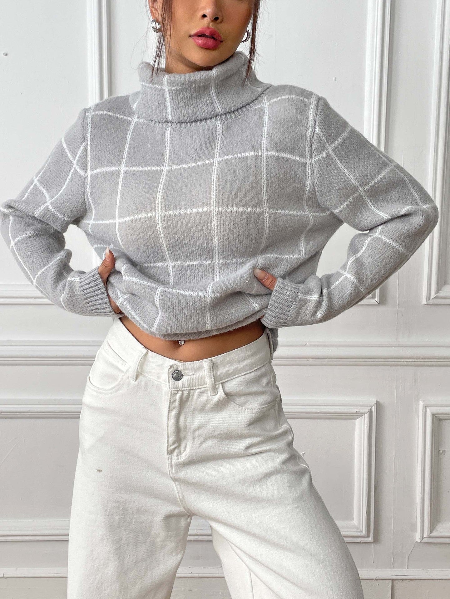 Contrast Color Mesh Woven Shirt Women's Pullover Top Cross-border European and American Women's Fashion Base Shirt Turtleneck Sweater