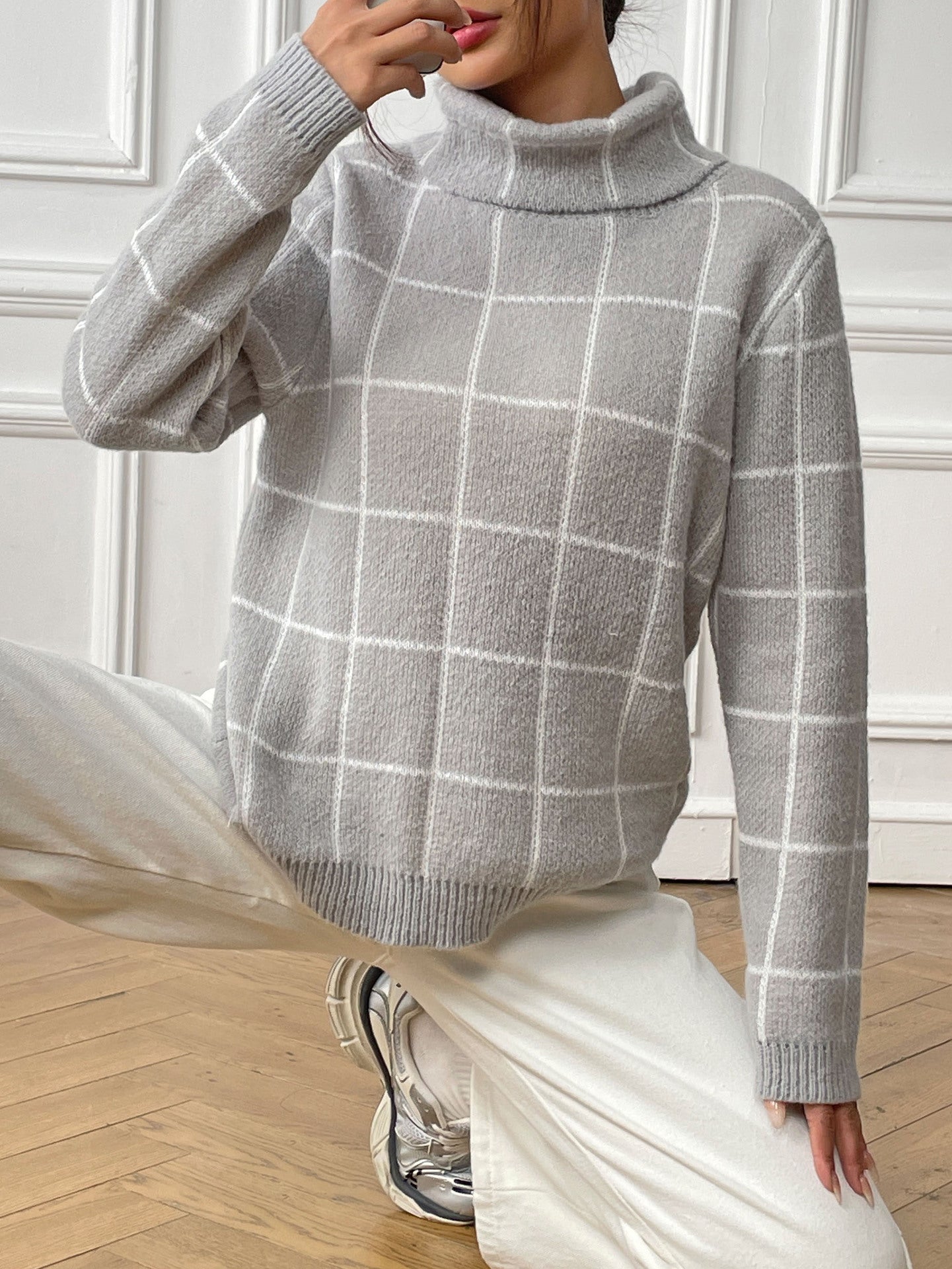 Contrast Color Mesh Woven Shirt Women's Pullover Top Cross-border European and American Women's Fashion Base Shirt Turtleneck Sweater