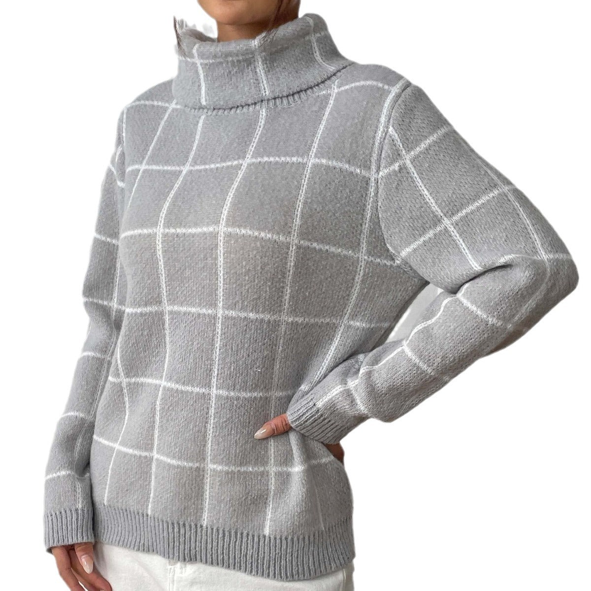 Contrast Color Mesh Woven Shirt Women's Pullover Top Cross-border European and American Women's Fashion Base Shirt Turtleneck Sweater