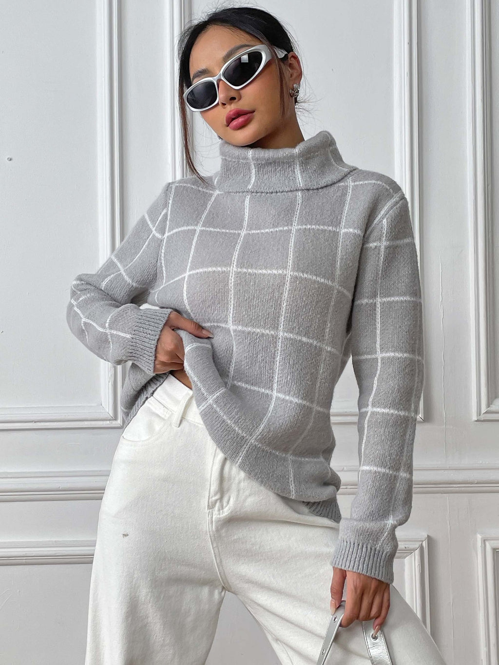 Contrast Color Mesh Woven Shirt Women's Pullover Top Cross-border European and American Women's Fashion Base Shirt Turtleneck Sweater