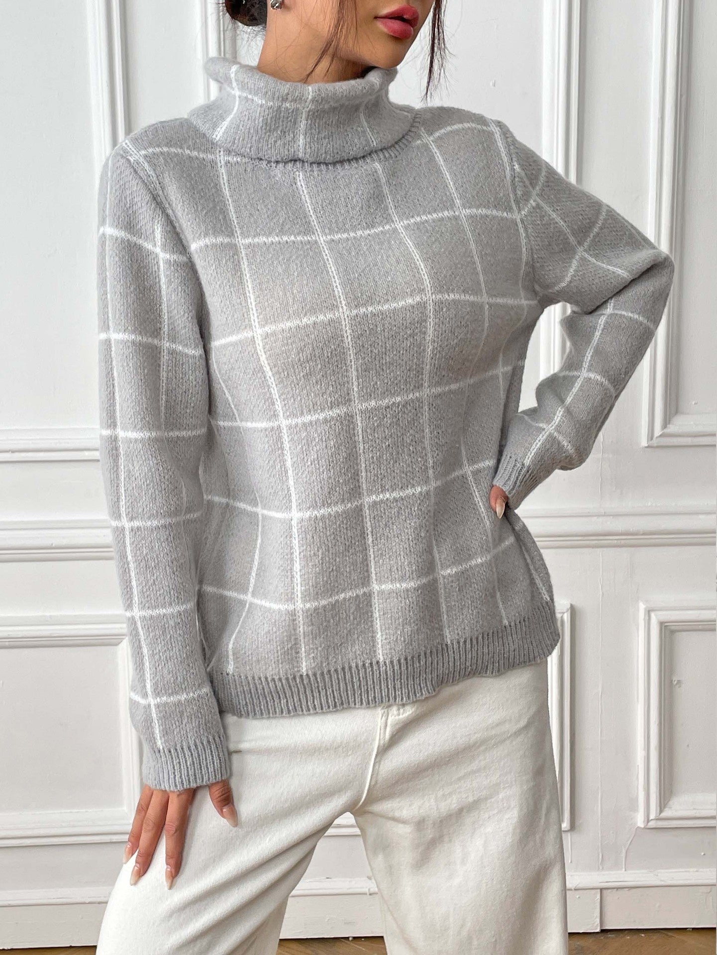Contrast Color Mesh Woven Shirt Women's Pullover Top Cross-border European and American Women's Fashion Base Shirt Turtleneck Sweater