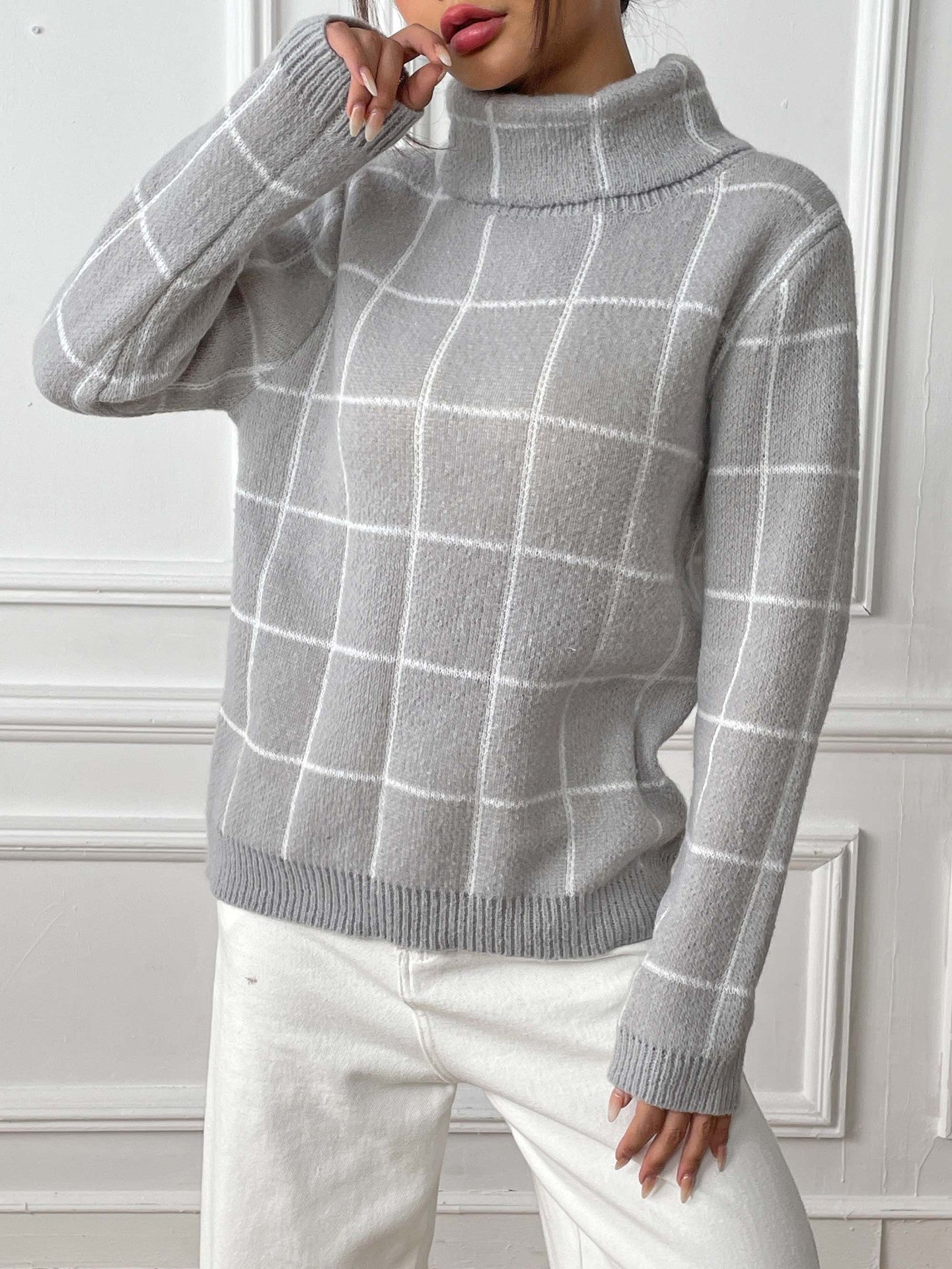 Contrast Color Mesh Woven Shirt Women's Pullover Top Cross-border European and American Women's Fashion Base Shirt Turtleneck Sweater