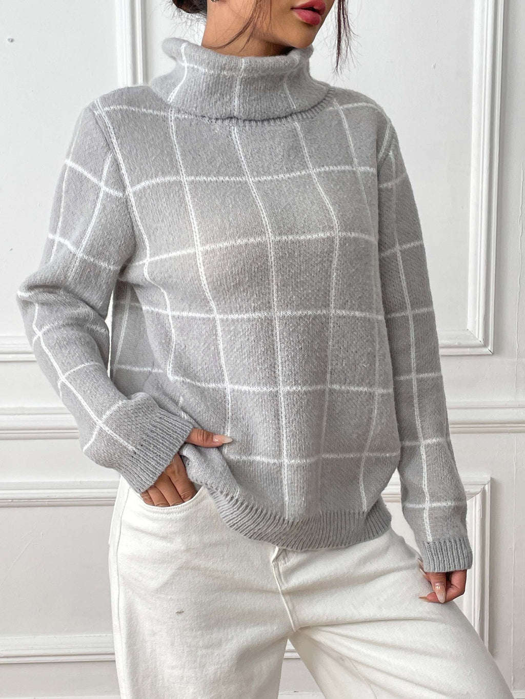 Contrast Color Mesh Woven Shirt Women's Pullover Top Cross-border European and American Women's Fashion Base Shirt Turtleneck Sweater