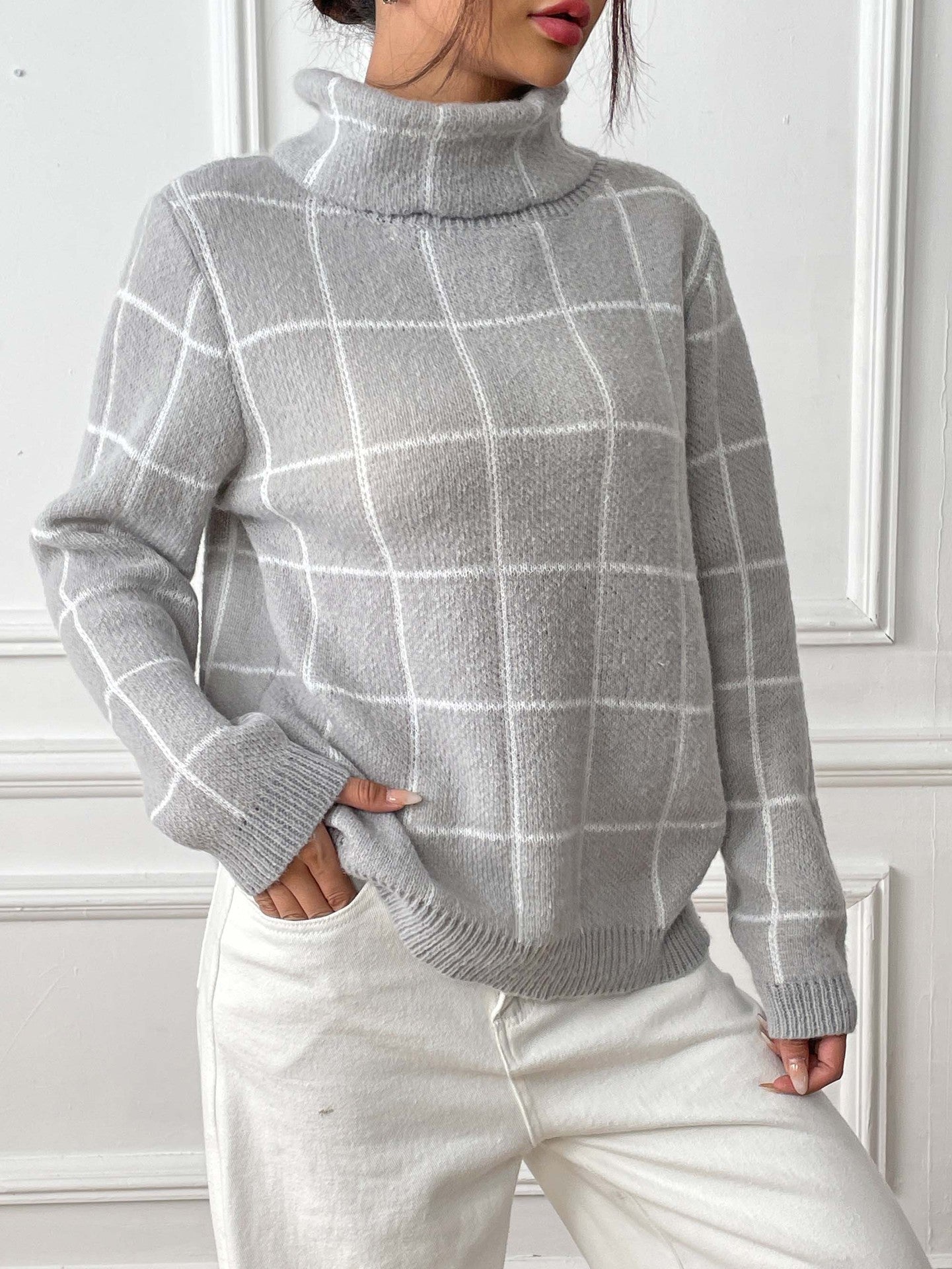 Contrast Color Mesh Woven Shirt Women's Pullover Top Cross-border European and American Women's Fashion Base Shirt Turtleneck Sweater