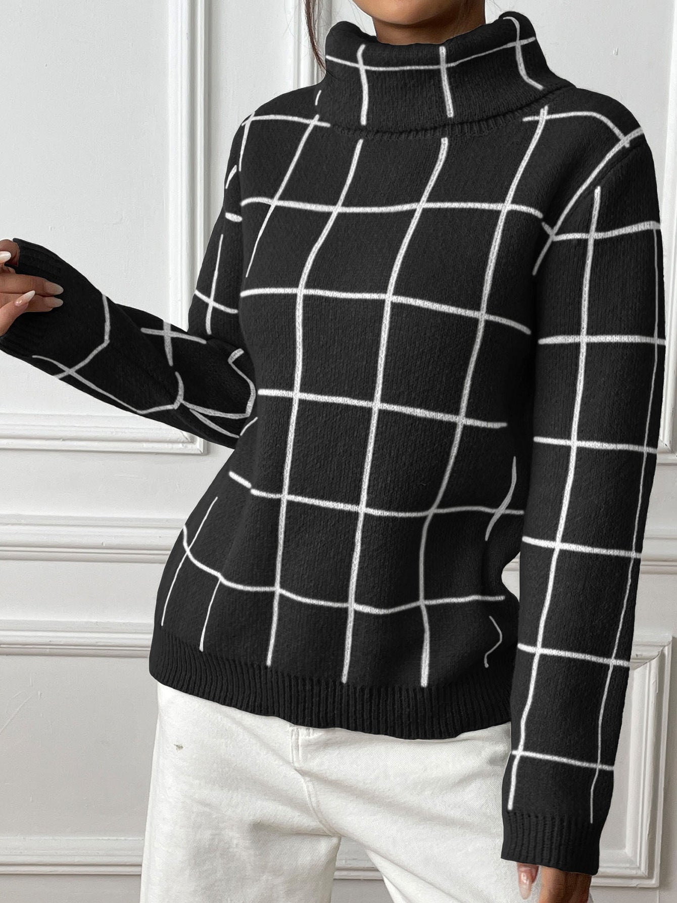 Contrast Color Mesh Woven Shirt Women's Pullover Top Cross-border European and American Women's Fashion Base Shirt Turtleneck Sweater