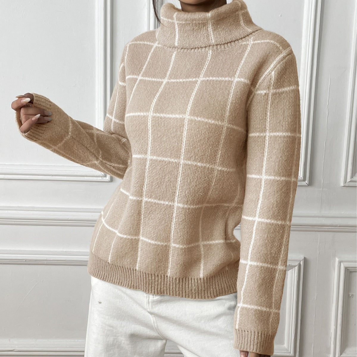 Contrast Color Mesh Woven Shirt Women's Pullover Top Cross-border European and American Women's Fashion Base Shirt Turtleneck Sweater