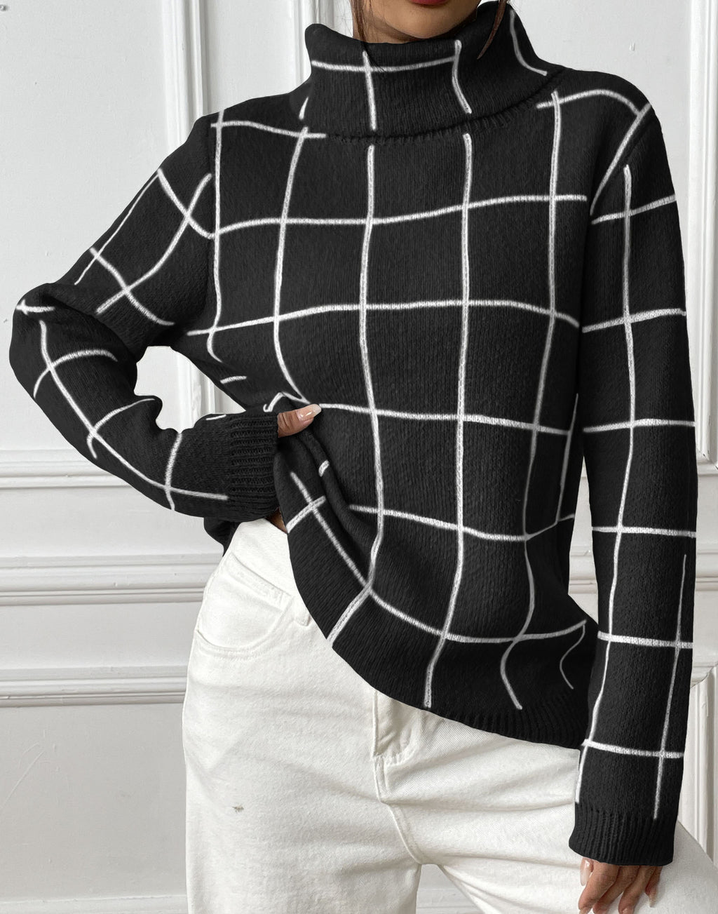 Contrast Color Mesh Woven Shirt Women's Pullover Top Cross-border European and American Women's Fashion Base Shirt Turtleneck Sweater