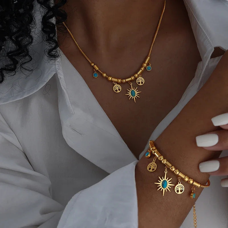 Ethnic Stainless Steel Bracelet Necklace Set for Woman Green Stone Pendant Necklace Luxury Bridal Wedding Jewelry Accessories