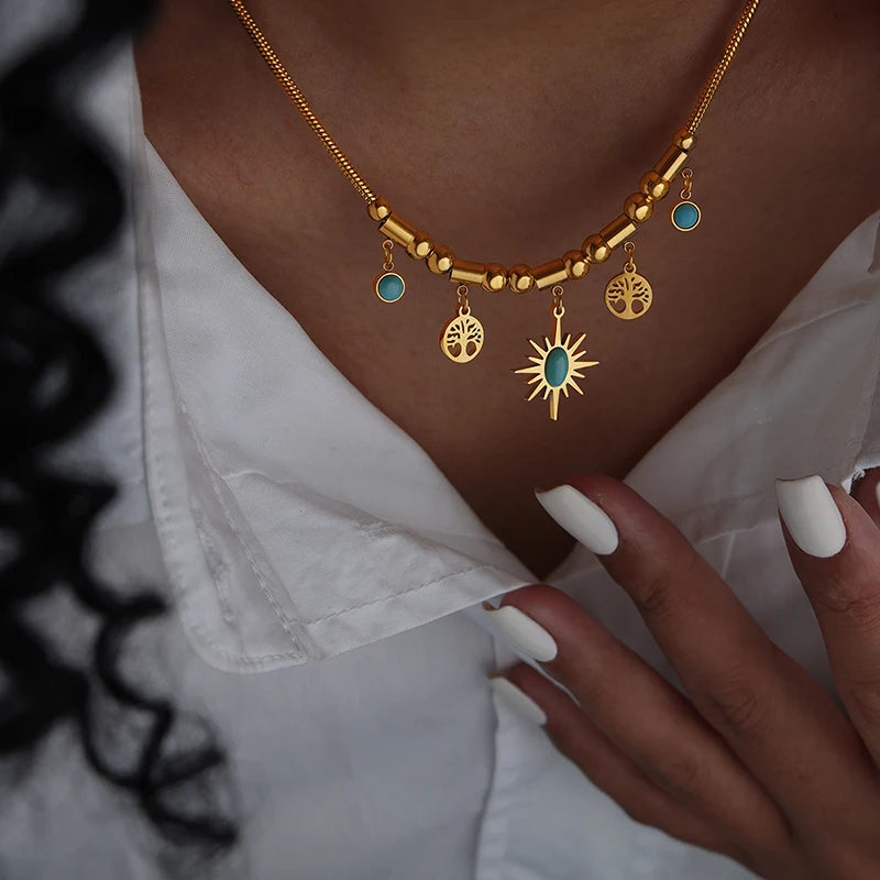 Ethnic Stainless Steel Bracelet Necklace Set for Woman Green Stone Pendant Necklace Luxury Bridal Wedding Jewelry Accessories