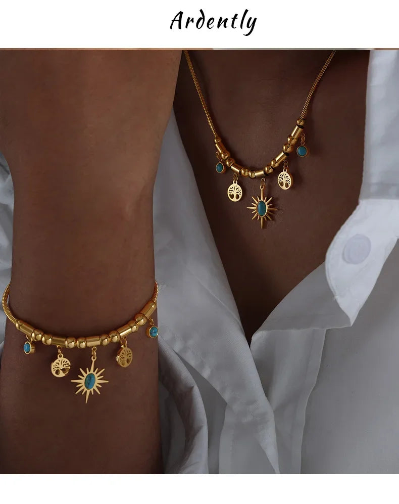 Ethnic Stainless Steel Bracelet Necklace Set for Woman Green Stone Pendant Necklace Luxury Bridal Wedding Jewelry Accessories