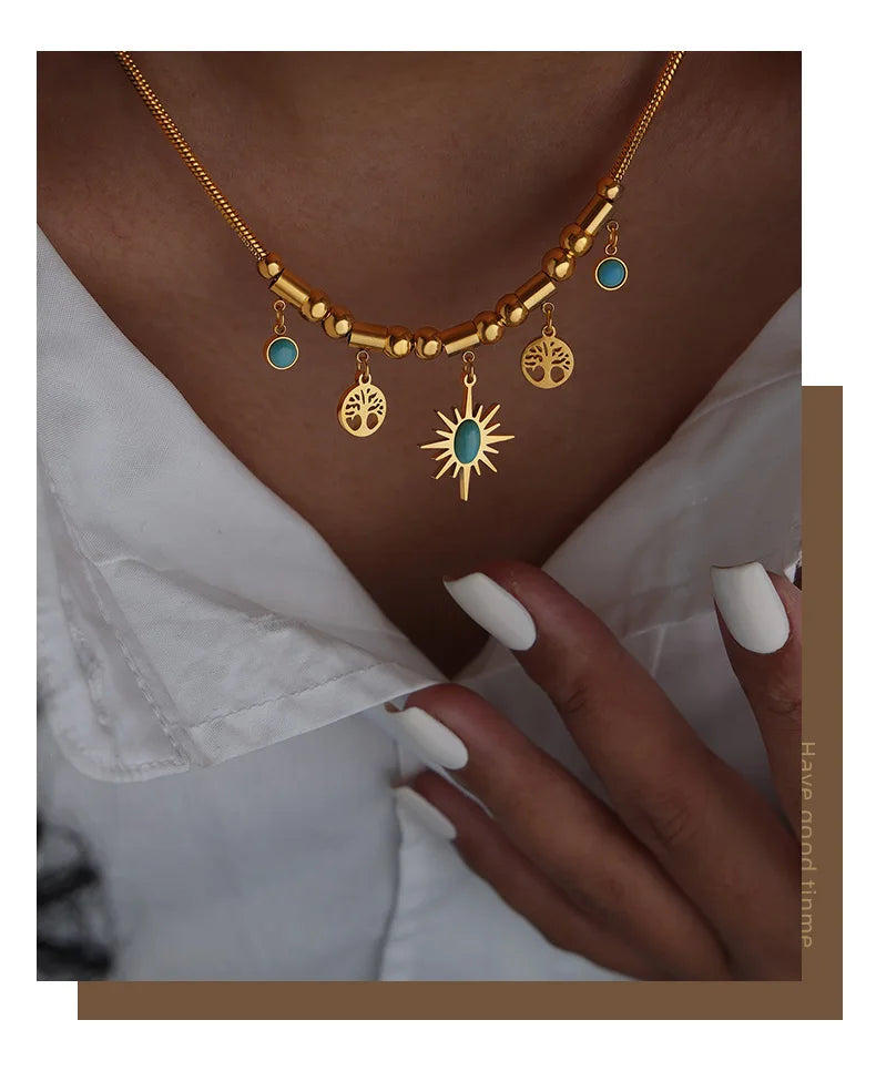 Ethnic Stainless Steel Bracelet Necklace Set for Woman Green Stone Pendant Necklace Luxury Bridal Wedding Jewelry Accessories