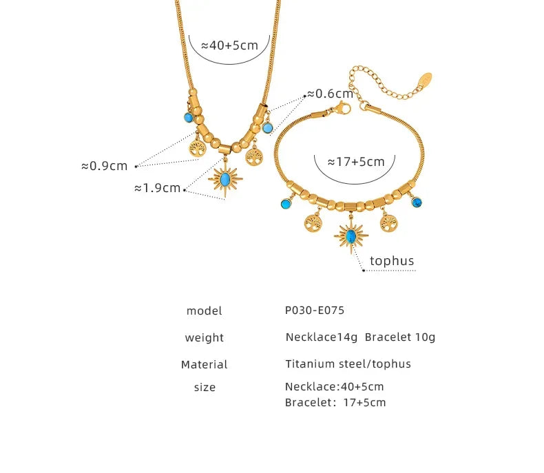 Ethnic Stainless Steel Bracelet Necklace Set for Woman Green Stone Pendant Necklace Luxury Bridal Wedding Jewelry Accessories